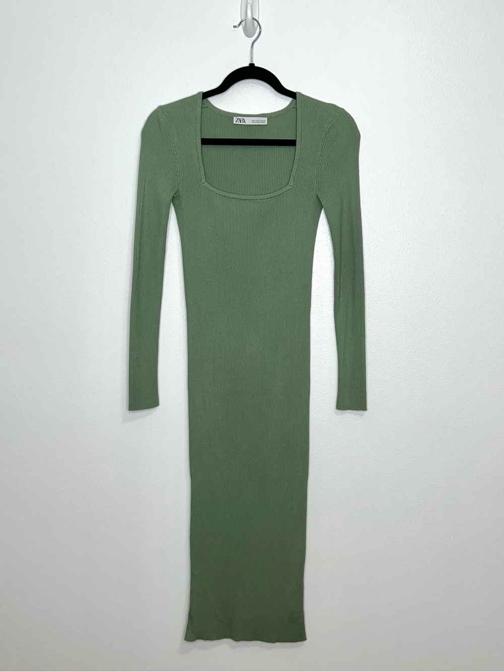 Zara Ribbed Knit Square Neck Long Sleeve Midi Dress Stretch Bodycon Size Small